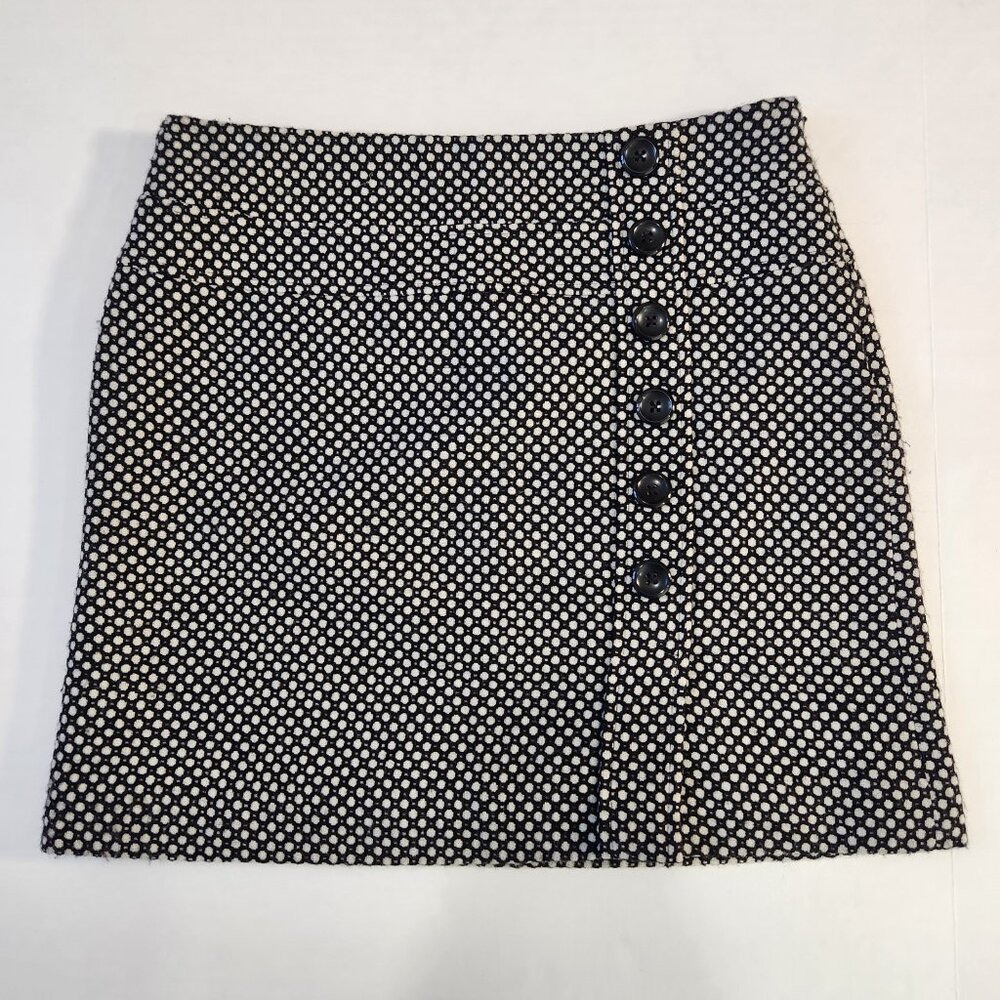 Geoffrey Beene Sport Tweed Mini Skirt 2 Black White Faux Button Front Preppy